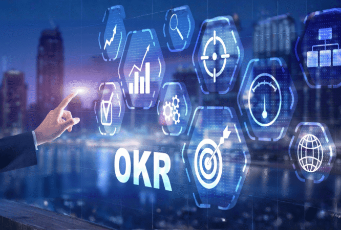 Hedefe Yolculuk: Gelenekselden Yeni Nesile – OKR eğitimi; amaç ve kilit sonuçların belirlenmesi, stratejik hedeflerle uyum, şeffaflık, katılımcılık ve dinamik performans yönetimini anlatan kurumsal eğitim görseli.