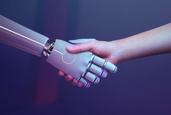 yeni çağda ai robotlarının insanlarla iş birliği yapacağını temsil etmektedir